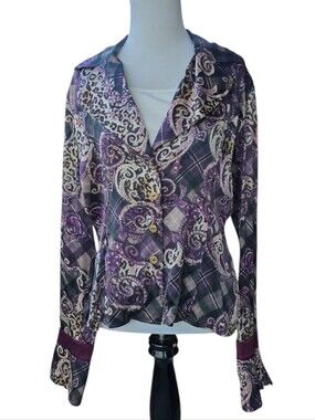 St. John Collection Purple Paisley Plaid Cheetah Satiny Stretch Blouse Size M